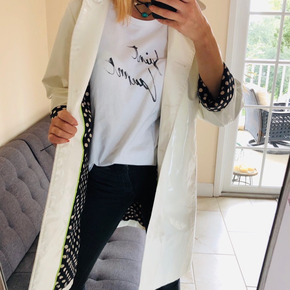 Jane post white polka dot raincoat